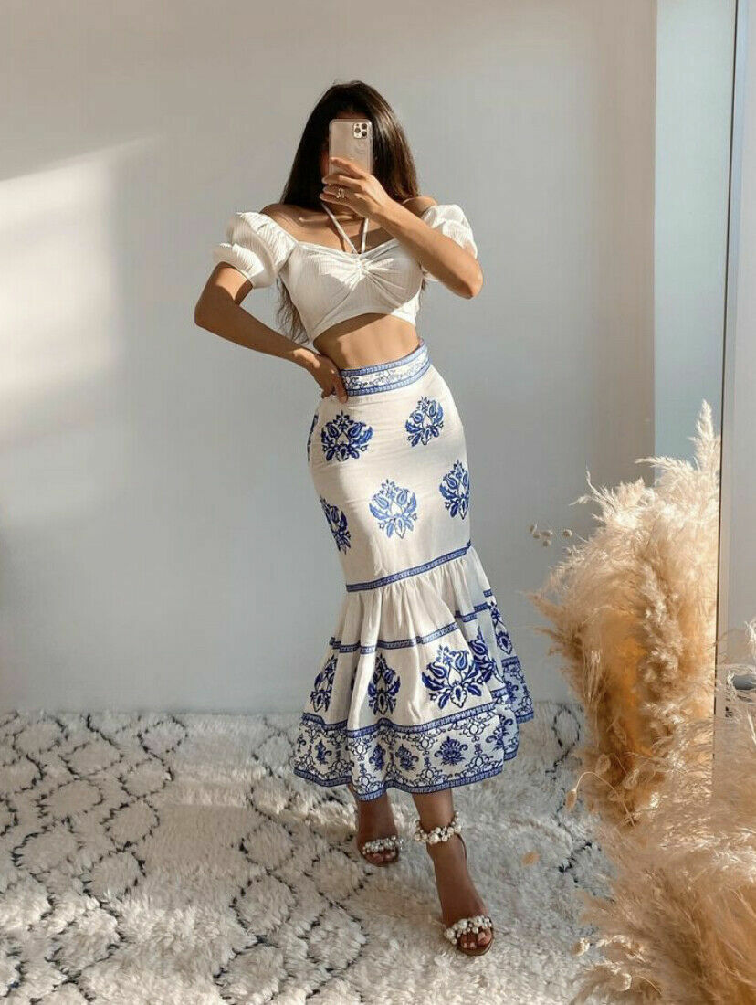 BNWT ZARA Blue and White Linen Embroidered Midi Skirt Size XS