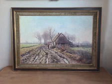 Antique Primitive Style Country Scene Oil On Canvas 