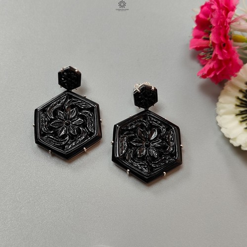 Juego de pendientes de astilla 925 tallados en ónix negro 19,55 gms 2" - Imagen 2 de 6