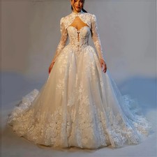 Long Sleeve Lace Applique Wedding Dress High‑Neck Tulle Bridal Gown Chapel Train