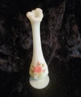 8 inch FENTON custard Satin Glass Bud Vase Hand Painted Floral Rose Signed