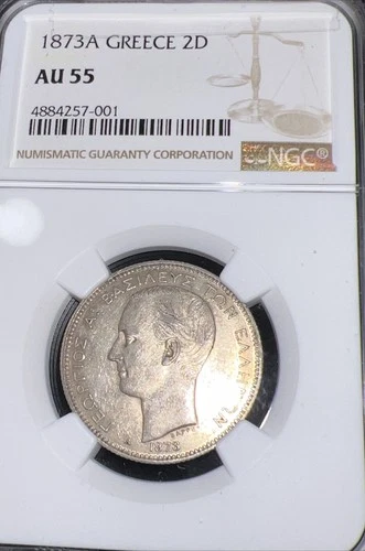 1873-A GREECE  GEORGE I 2 DRACHMA SILVER COIN, NGC CERTIFIED AU55