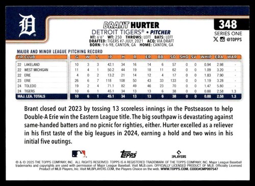 2025 Topps Brant Hunter Rookie Detroit Tigers #348 - Picture 2 of 2