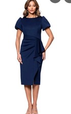 NWT Xscape Navy Puff Sleeve Draped Midi Cocktail Dress Size 12 Wedding $209