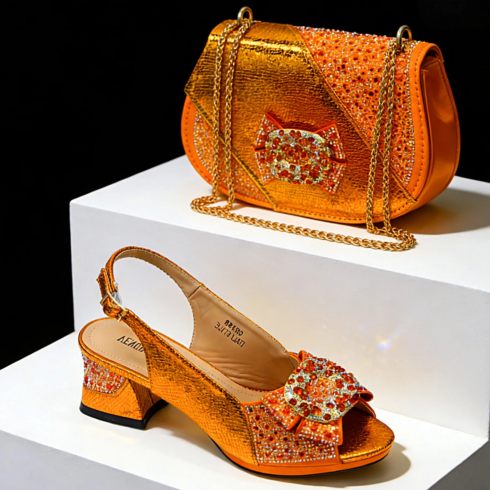 Mujer Elegante Naranja Tacón Alto Zapato y Bolso a Juego con Estrás