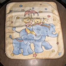 VTG BIG OSHI CRIB BLANKET blue Elephant tan beige 40x30 baby Cover Wrap
