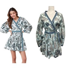 OMIKA Mini Rae Wrap Dress Pleated Blue Floral Sz M Long Sleeve Belted Feminine