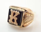 Vintage Art Deco Signet Initial "K" Onyx Sterling Silver Vermeil Band Ring 9