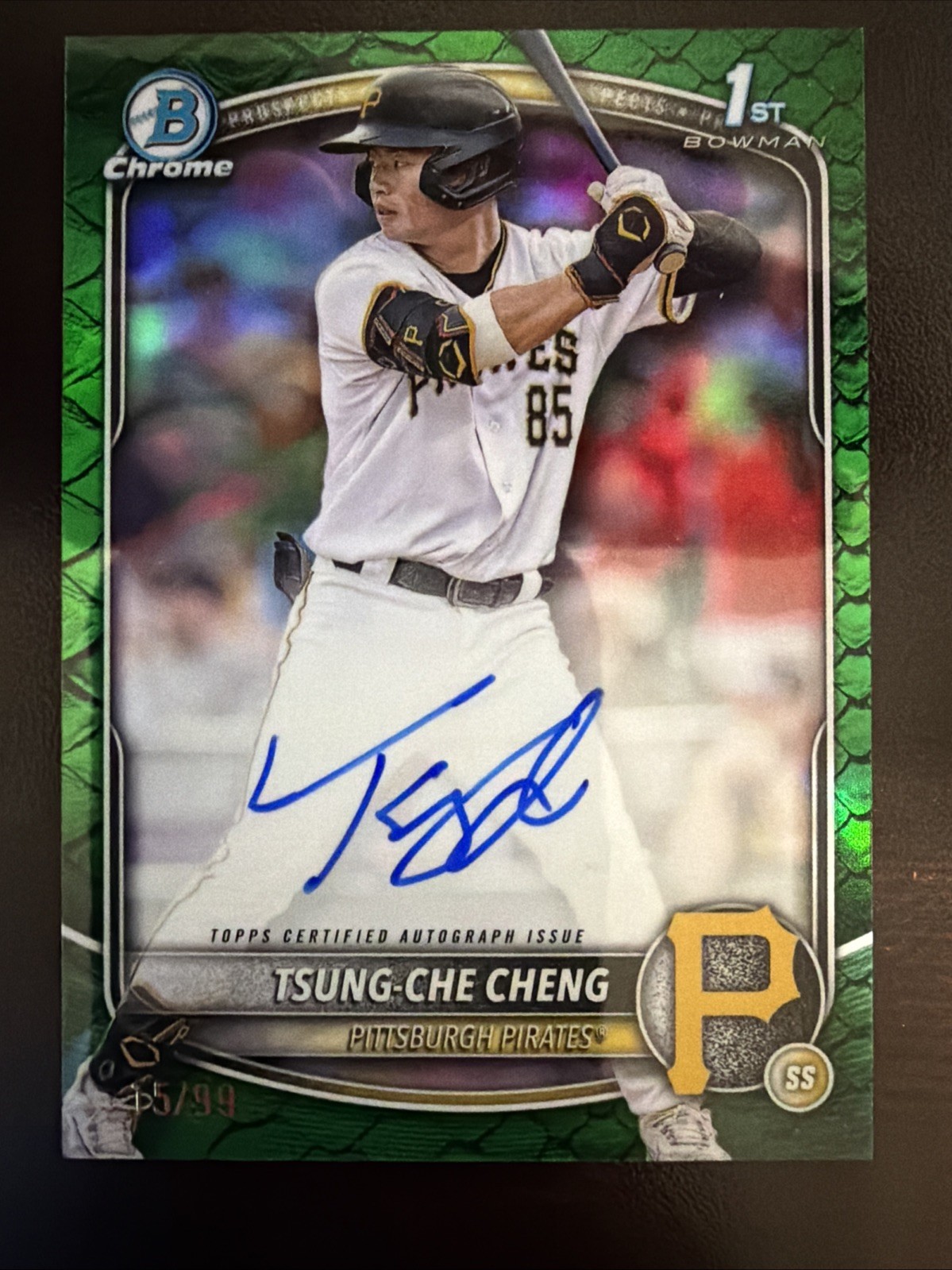 2025 Bowman Tsung-Che Cheng 1st Bowman Chrome Green Reptilian Refractor Auto /99
