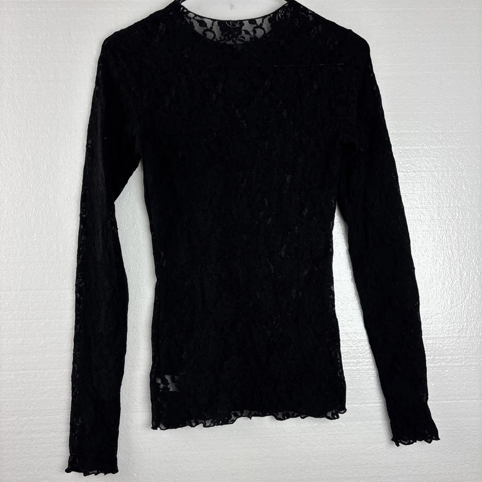 Vintage Hanky Panky Blusa de Renda Preta Feminina Manga Longa Elástica Transparente EUA Gótica - Imagem 4 de 4