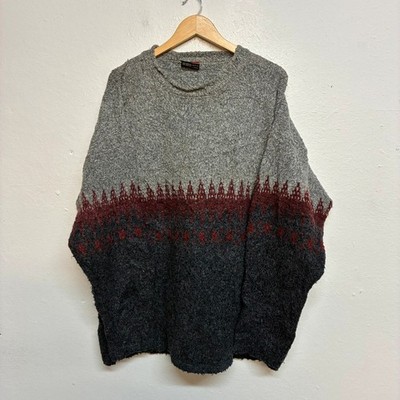 Vintage Pullover Abstraktes Muster Herren XL Grau Burgund Wolle Acryl Strick 90er