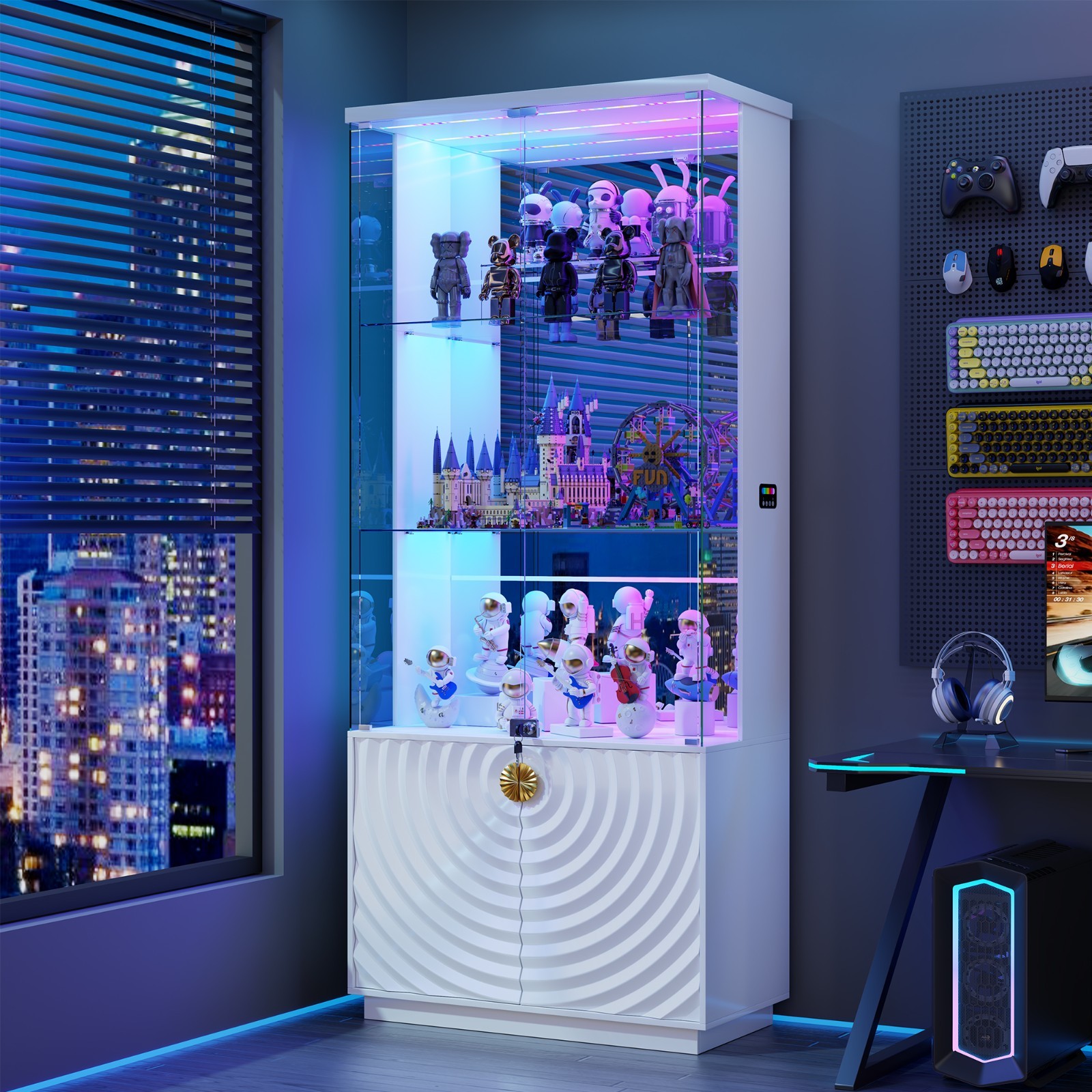 Gurexl 71" Display Cabinet with Glass Doors, Curio Cabinet Dynamic RGB Lights