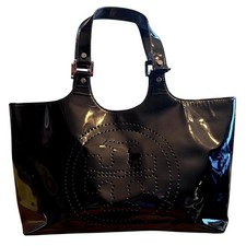Vtg Tory Burch Perforated Logo Patent Tote Bag Purse Black Career Work Carry All
