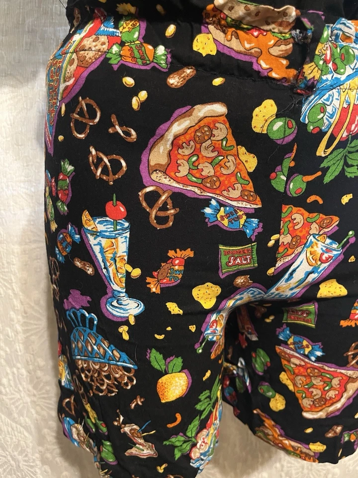Vintage 80s Rayon Shorts & Suspenders Fun Bright Pizza Print Size L Made in USA - Image 2 of 4