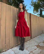 70s Vintage Cotton Velvet Pinafore Midi A-Line Dress Square Neck Pockets