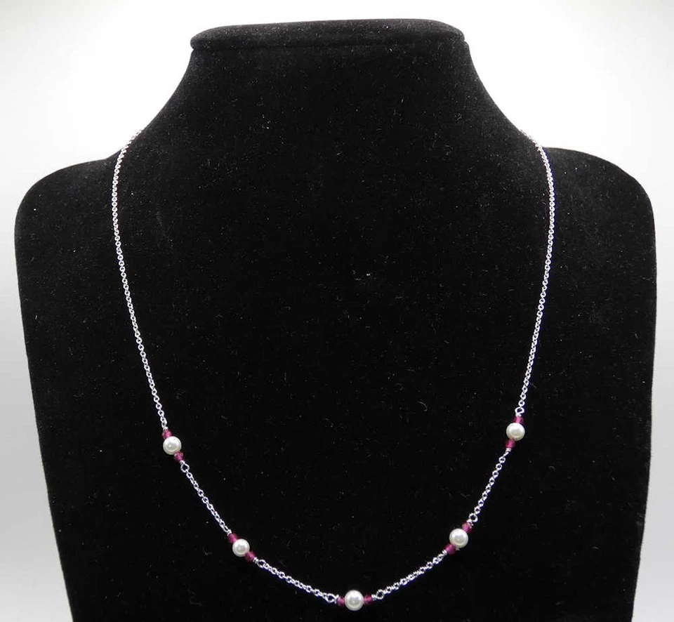 Collana Catena Rolo Diamantata con Perle e Crystal Rosso Rubino in Argento 925 - Immagine 2 di 2