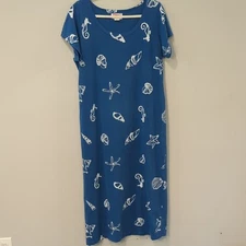 Vintage Maxi Dress Blue Nautical Seashell Print size Large Made in USA