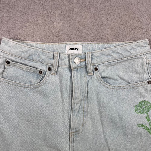 OBEY Jeans Womens Size 28 Waist Blue Light Wash Wide Leg Baggy Y2K Embroideries - Picture 2 of 15