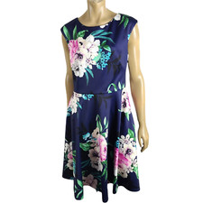Eliza J Fit Flare Scuba Knit Dress Sleeveless Jewel Neck Floral Navy Size 8