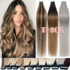Seamless Skin Weft Tape Glue in Real Human Hair Extensions THICK Full Head Grey