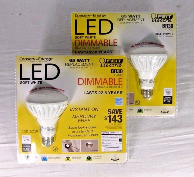 2 x Feit Electric BR30 Flood Dimmable 13w/65w LED Light Bulb 750 Lumens