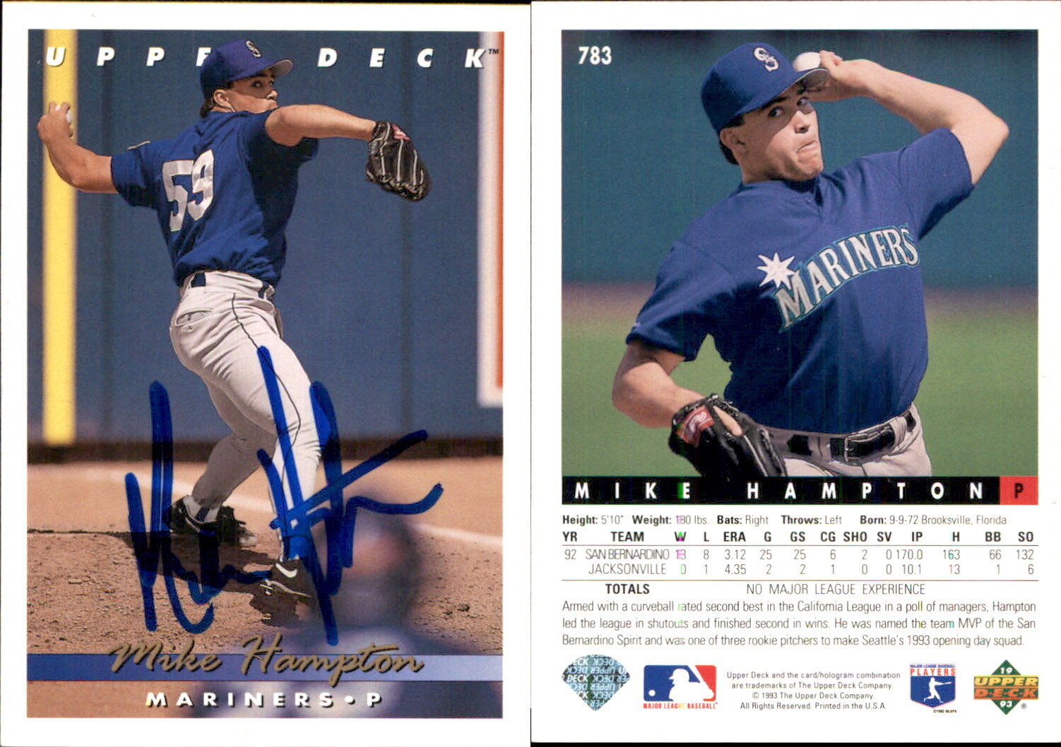 Mike Hampton Signed 1993 Upper Deck #783 Card Seattle Mariners Auto AU