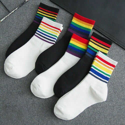 Sport Socks Rainbow Striped Cotton Socks For Girls And Boys Fashion Sports Socks - Picture 1 of 16