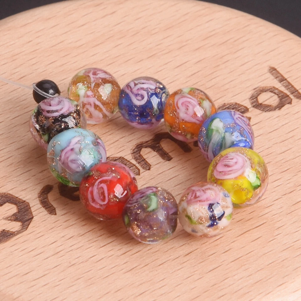 10pcs 8mm Round Golden Foil Flower Lampwork Glass Loose Beads For Jewelry Making - Image 2 of 4