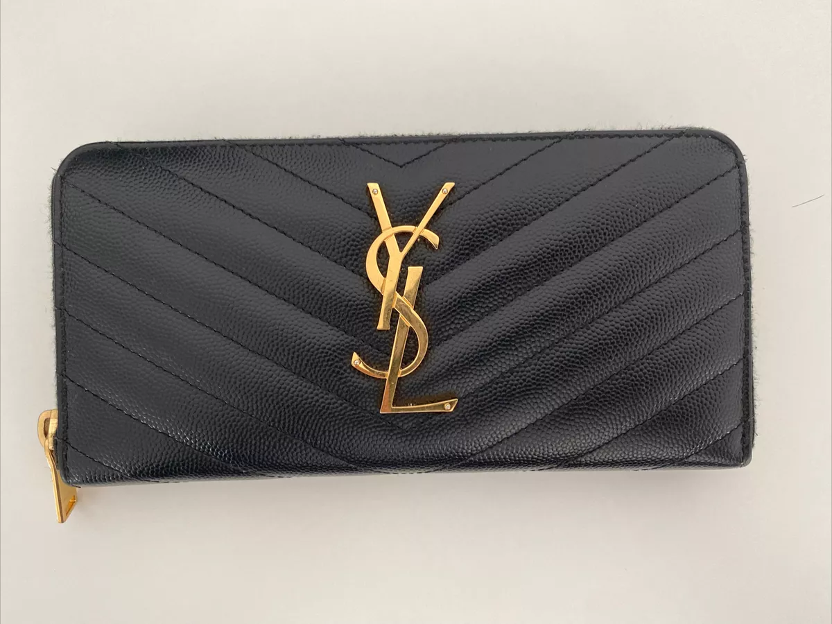 YSL Yves Saint Laurent Monogram Matelasse Leather Zip-Around Wallet Black