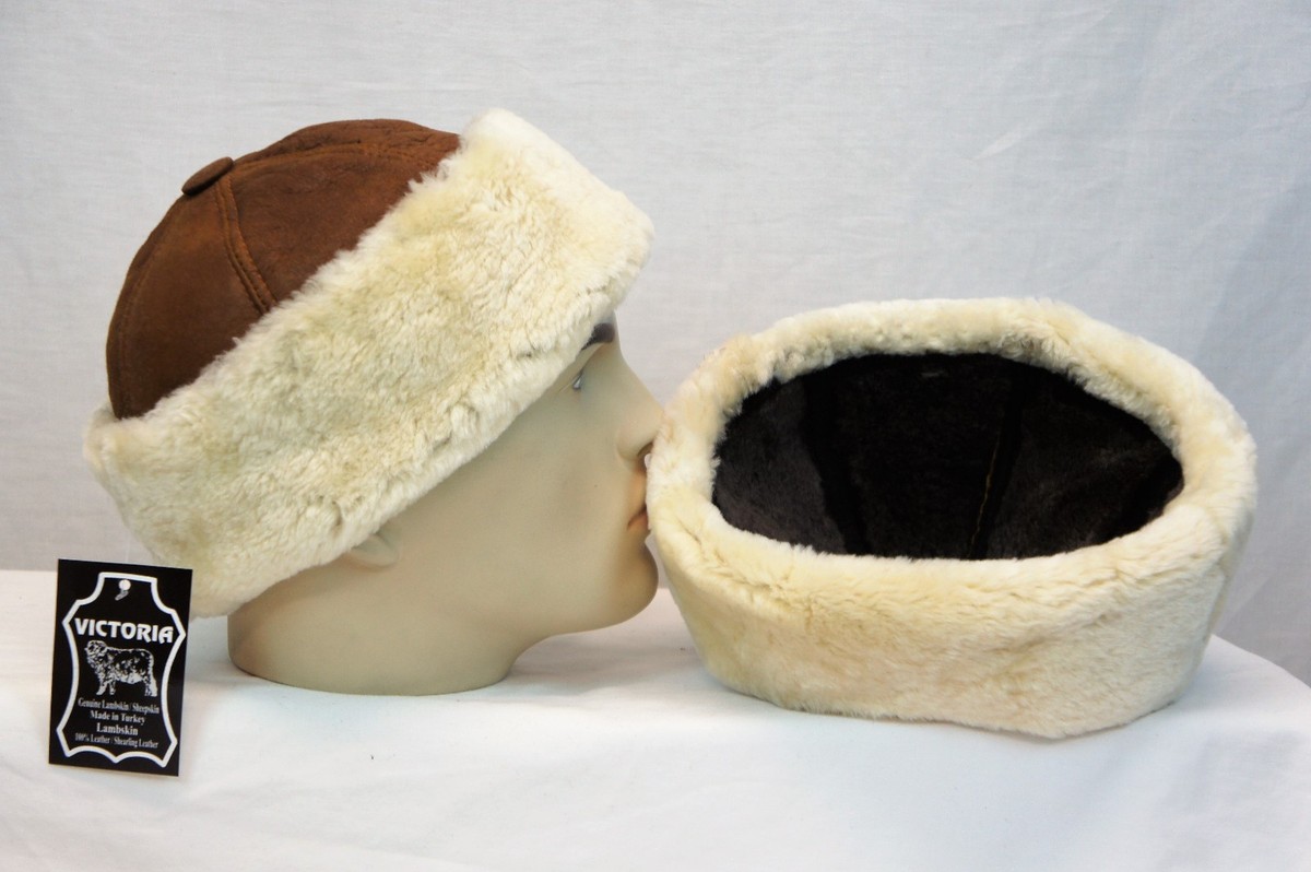 Cognac 100% Sheepskin Shearling Leather Fur Beanie Round Bucket