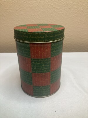 Vintage 2004 Christmas 4''H x 3''W Red/Green Round Empty Tin 'Seasons Greetings'