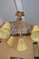 ANCIEN LUSTRE BRONZE 4 TULIPE TISSUS DECOR FEUILLE DORE LAMPE BOUILLOTTE NOTAIRE