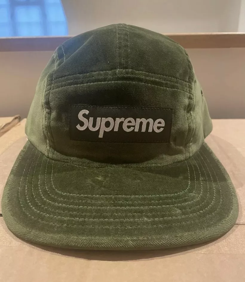 FW18 Supreme Velours Camping Cap Olive Chapeau Vert Logo Boite Fabriqué En USA