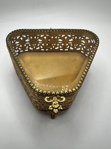 Antik Gold Ormolu Filigran Abgeschrägtes Glas Schmuckkästchen Fuß Französische Schatulle