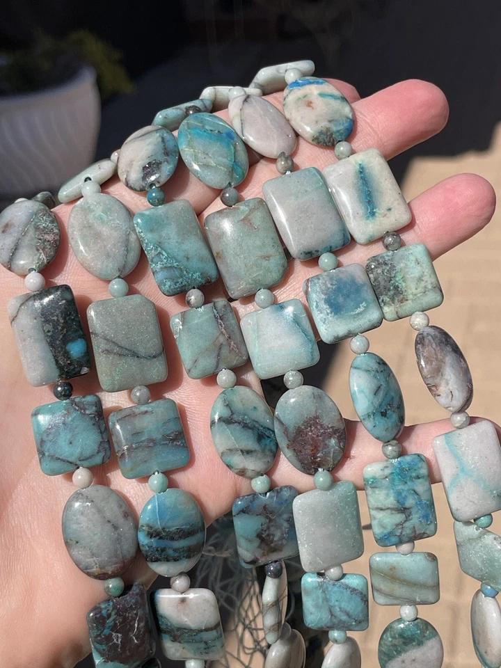 Genuino Azul Verde Azurita Formas Mezcladas, Ovalado, Cuadrado, Rectángulo, Cuerda de 16" Foto 3 de 3