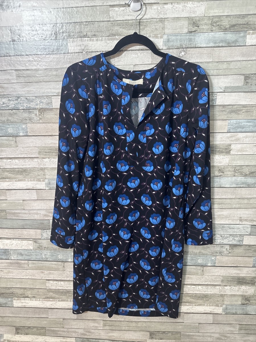 loft blue floral dress Loft Navy Blue Floral Print Tie Neck Swing Dress NWT- Size XXS