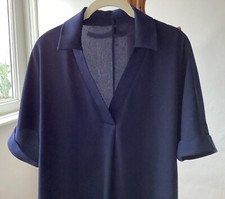 Navy Blue Smart Shift Dress , Knee Length, V Neck With Collar, Size L