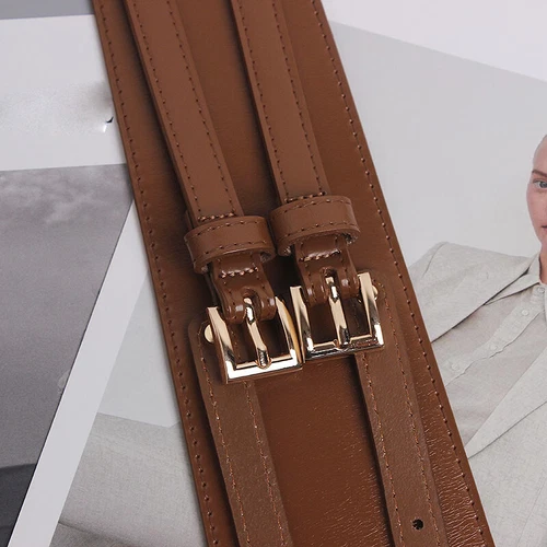 Cinturón corsé de cuero de vaca para mujer con hebilla de doble punta cintura ancha decorativo - Imagen 12 de 27