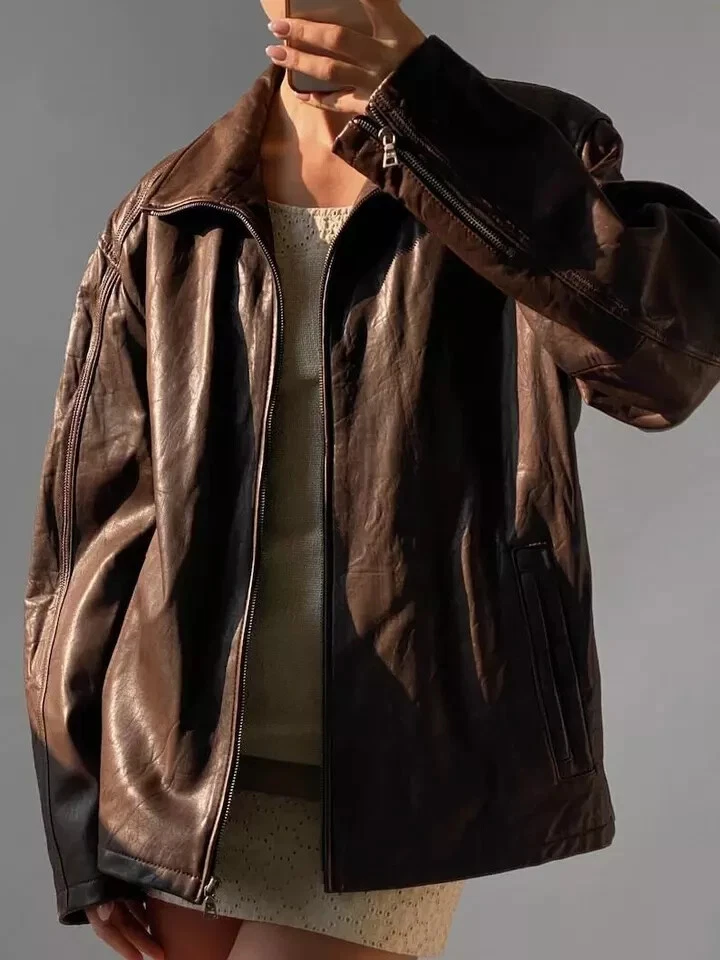 Women's 60s Brown Oversized Biker Jacket Genuine Distressed Leather Coat 