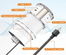 Retractable Recessed Power Strip w/3 Outlets 1 USB-A 1 USB-C Port for Countertop