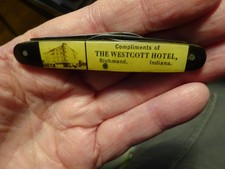 ANTIQUE Advertising 2 Blade Pocket Knife WESTCOTT HOTEL Richmond Indiana