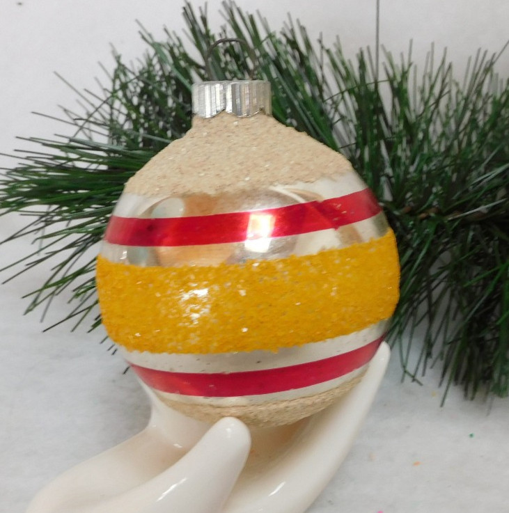 VINTAGE SHINY BRITE CHRISTMAS ORNAMENT SILVER BALL   HEAVY YELLOW & WHITE  MICA