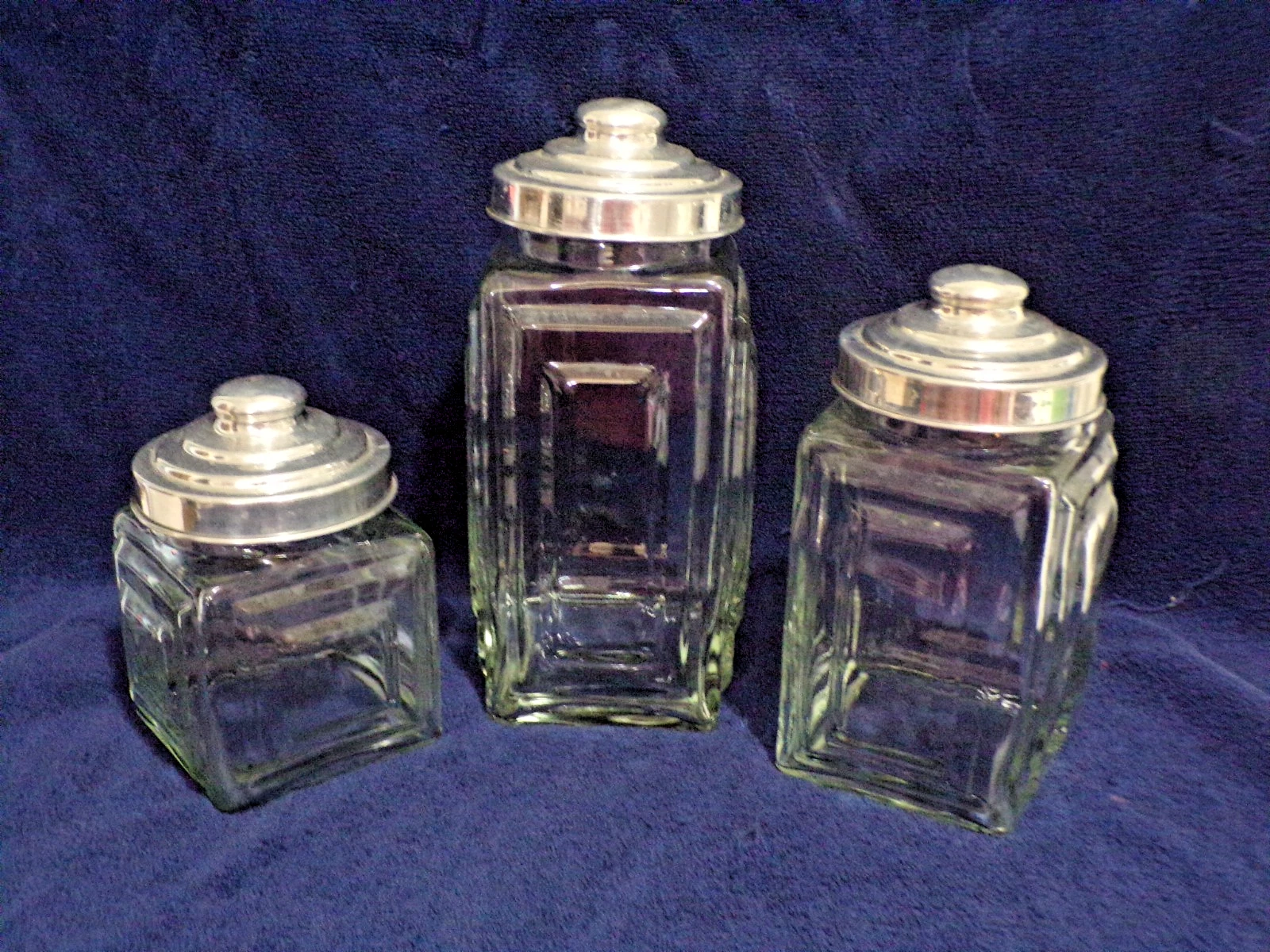 Retro Square Clear Glass Airtight Canister Set w/Aluminum Silver Lids Set of 3