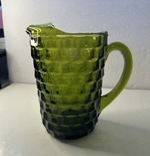 VTG Indiana Glass Whitehall Colony Cubist Avocado Green Pitcher With Ice Lip