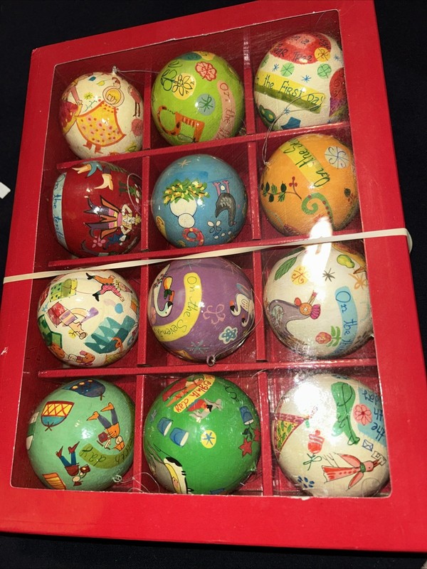 Rare Crate & Barrel Paper Mache 12 Days Of Christmas Ball Ornaments  Classic