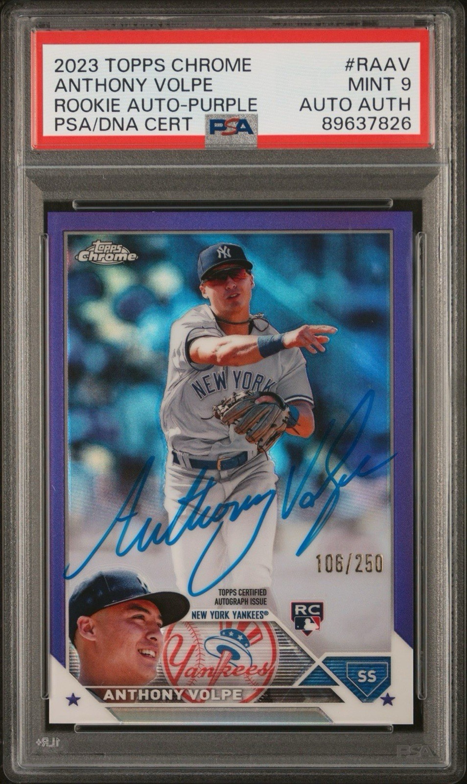 2023 Topps Chrome RA-AV Rookie Auto Anthony Volpe Purple Refractor /250 PSA 9