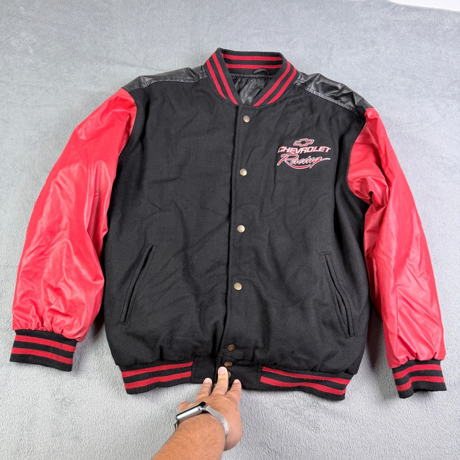Chevrolet Racing Varsity Jacket Black Red Faux Leather Wool Blend Mens XL - product detail image 7