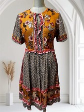 Anthropologie Seen Worn Kept Dress Sz Sm Gold Floral Tiered Ruffle Sheer Boho