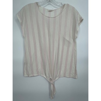 Loft Outlet Lounge Womens XS White Pink Striped Dobby Short Sleeve Tie Front Top