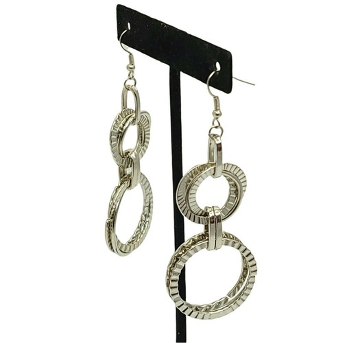 Silver Tone Circle Hoops Pierced Earrings Silver Tone Textured Modern Trendy - Picture 2 of 9